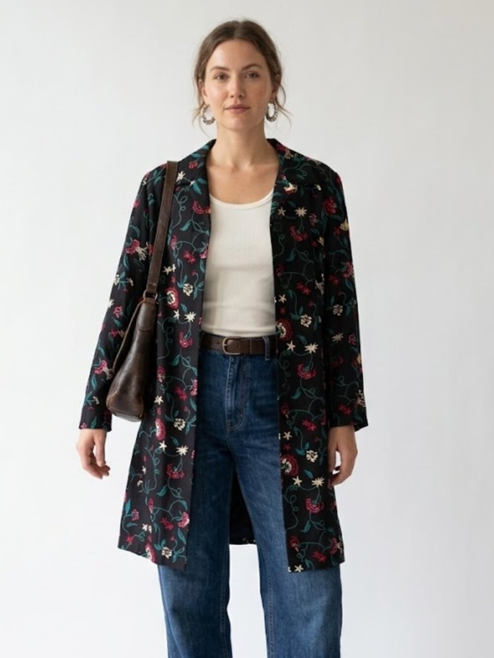 David Brooks Raw Silk Embroidered Floral Long Jacket Black M